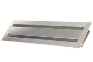 Rectangular metal air vent cover with angled slats, designed as a bird block vent, shown against a white background.