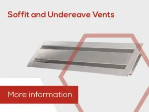 Rectangular metal soffit and undereave bird block vent with red text and a red More information button.