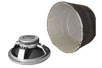 A metal speaker and a separate, empty metal enclosure are shown side by side on a white background.