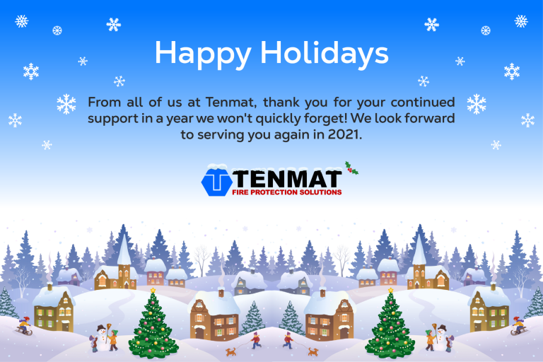 Holiday greeting from Tenmat with snowy village, decorated trees, and Happy Holidays message above company logo.
