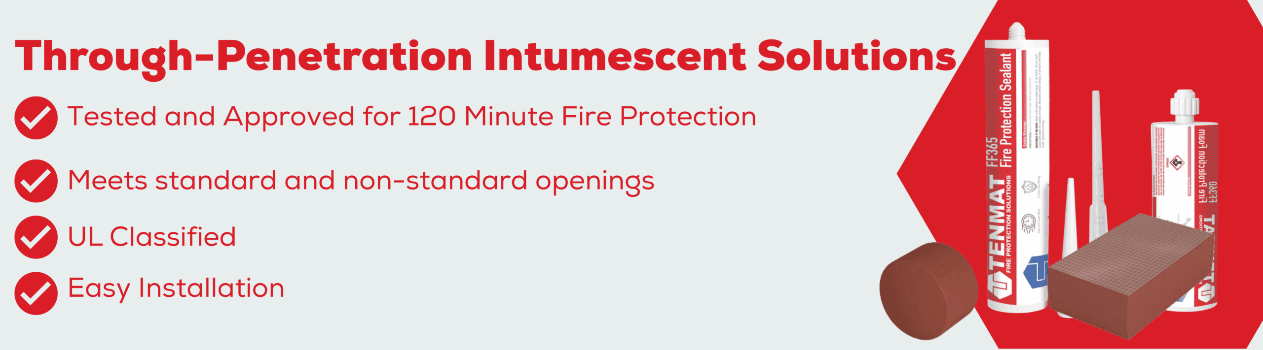 Red banner showing fire protection products, a checklist, and text highlighting intumescent firestop solutions.