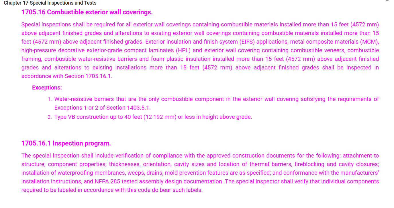 Building code text on combustible exterior wall coverings, highlighted in pink.