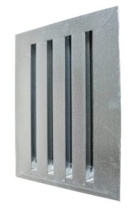 Angled view of a metal air vent with four vertical slats on a white background.
