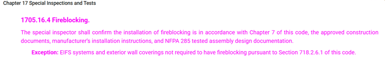 NYC building code 1705.16.4 on fireblocking, text highlighted in pink in a screenshot.