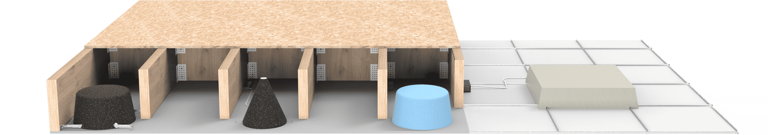 3D model showing four stalls with objects, beside a blue tank and a gray unit.
