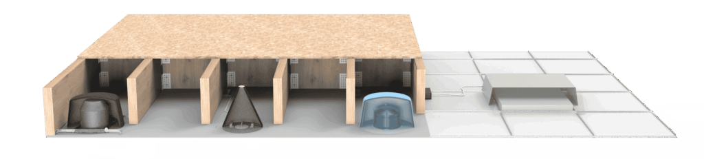 3D model with four open stalls, interior equipment, and a grid to the right.
