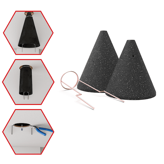 Two black conical objects, wire tool, and three steps of an installation process shown in red hexagons.