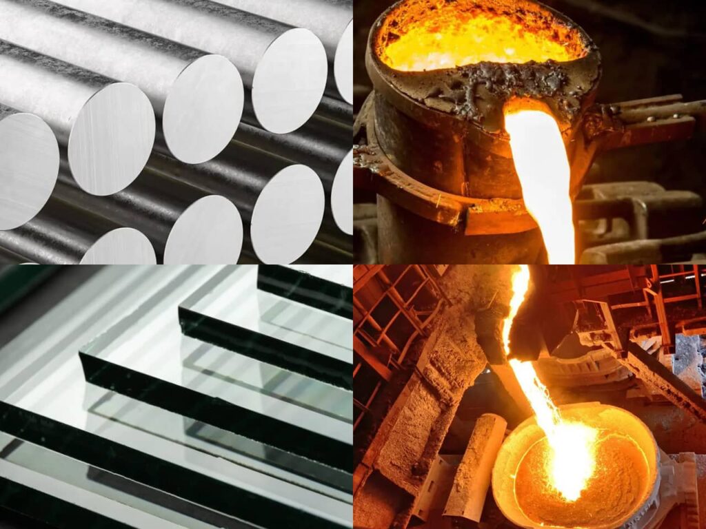 Metal bars, sheets, and molten metal being poured in an industrial setting.